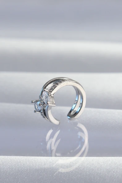 Pirinç Gümüş Renk Zirkon Taşlı Damla Earcuff Küpe - TJ-BKP9334 - Resim 2