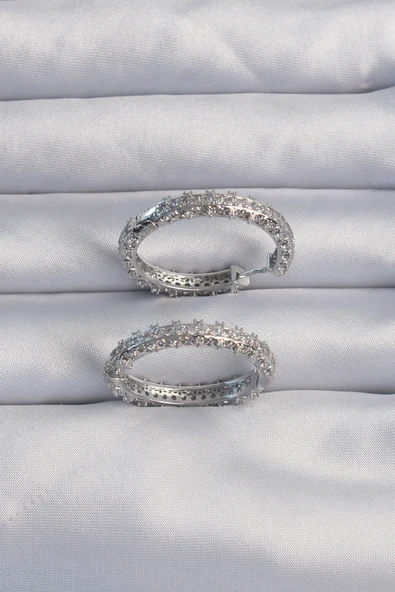 Pirinç Gümüş Renk Zirkon Taşlı Motifli Halka Küpe - TJ-BKP9282 - Resim 2