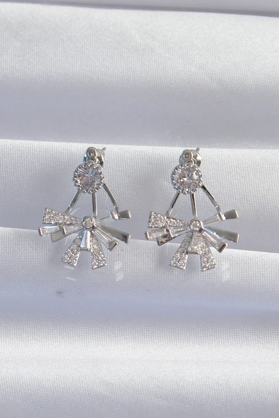 Pirinç Gümüş Renk Zirkon Taşlı Yassı Fiyonk Model Küpe - TJ-BKP9300 - Resim 2