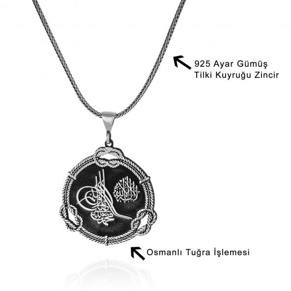 Osmanlı Tuğrası İşlemeli Madalyon 60 cm 925 Gümüş Kolye - 3