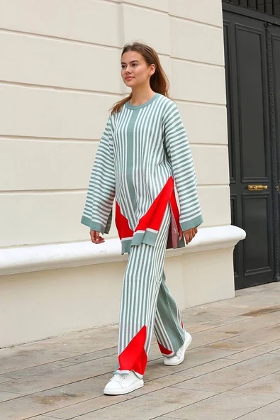 Çizgili bisiklet yaka triko takım Mint - Resim 2