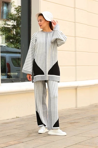 Çizgili bisiklet yaka triko takım Gri - Resim 2