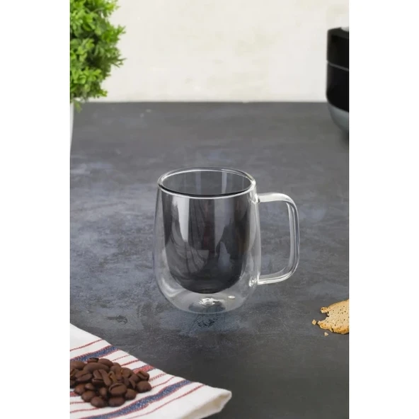 Çift Cidarlı Cam Kupa Gri Renk - Resim 2