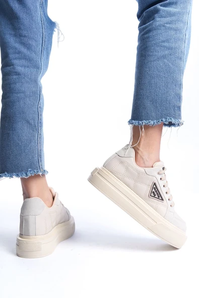 PRAG Bağcıklı Ortopedik Taban Desenli Kadın Sneaker Spor Ayakkabı  CKT - Krem - 3