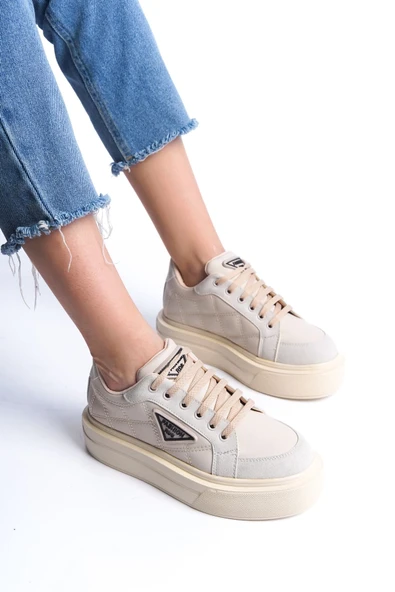 PRAG Bağcıklı Ortopedik Taban Desenli Kadın Sneaker Spor Ayakkabı  CKT - Krem - 2