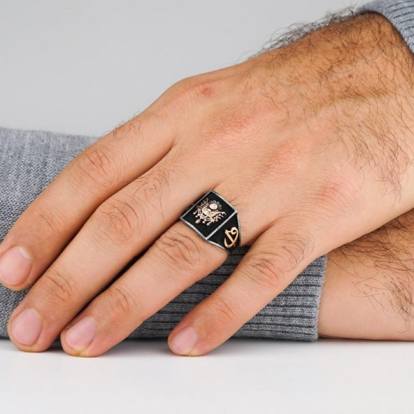 Osmanlı Devlet Armalı Elif Vav Detaylı 925 Ayar Gümüş Yüzük - Resim 2