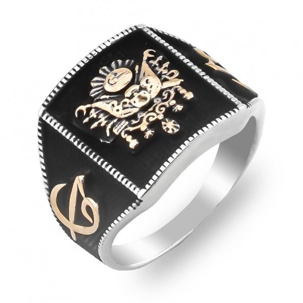 Osmanlı Devlet Armalı Elif Vav Detaylı 925 Ayar Gümüş Yüzük - Resim 3