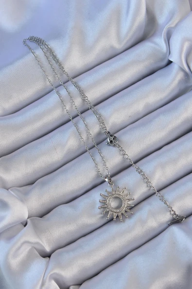 316L Çelik Zincir Gümüş Renk Zirkon Taşlı Parlayan Güneş Kolye - TJ-BKO9106 - Resim 2