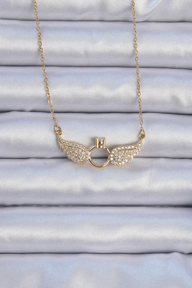 316L Çelik Zincir Altın Renk Kanatlı Tektaş Kolye - TJ-BKO9077 ürün görseli