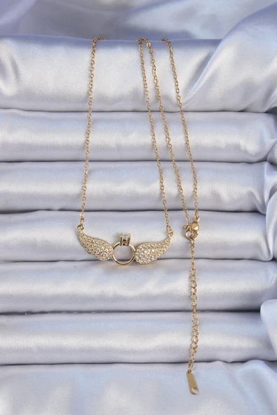 316L Çelik Zincir Altın Renk Kanatlı Tektaş Kolye - TJ-BKO9077 - Resim 2