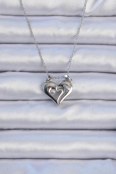 316L Çelik Zincir Gümüş Renk Zirkon Taşlı Mıknatıslı Kalp Kolye - TJ-BKO9082 ürün görseli