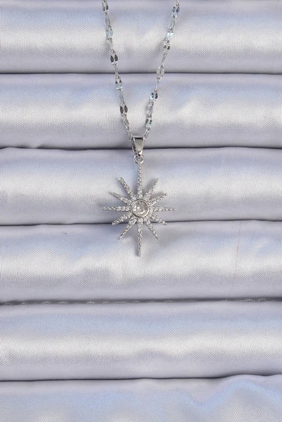 316L Çelik Zincir Gümüş Renk Zirkon Taşlı Kutup Yıldızı Kolye - TJ-BKO9064 ürün görseli