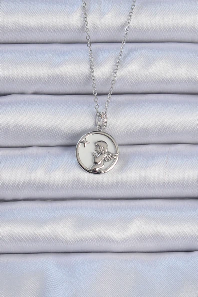 316L Çelik Zincir Gümüş Renk Zirkon Taşlı Mineli Melek Kolye - TJ-BKO9086 ürün görseli