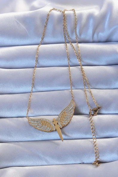 316L Çelik Altın Renk Zirkon Taşlı Mikail Kolye - TJ-BKO9263 - Resim 2