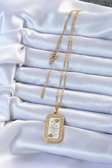 316L Çelik Zincir Altın Renk Mineli Zirkon Taşlı Göz Figür Tarot Kolye - TJ-BKO9217 - Resim 2