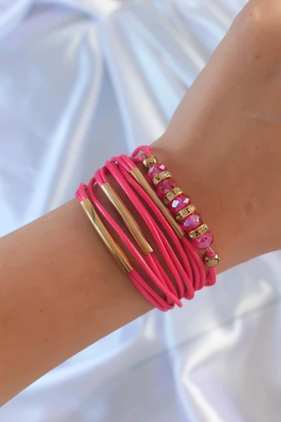 Pembe Renk Zirkon Taşlı Metal Aksesuarlı İpli Çoklu Bileklik - TJ-BB6357 ürün görseli