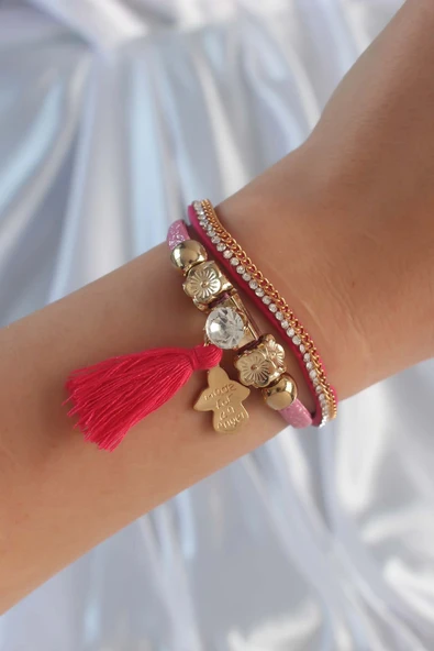 Pembe Renk Zirkon Taşlı Püskül Detay Deri Çoklu Bileklik - TJ-BB6343 ürün görseli