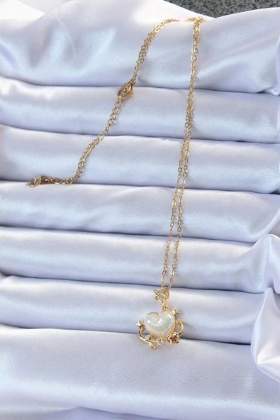 316L Çelik Zincir Altın Renk Zirkon Taşlı Gezegen Görünümlü Kalp Kolye - TJ-BKO9219 - Resim 2