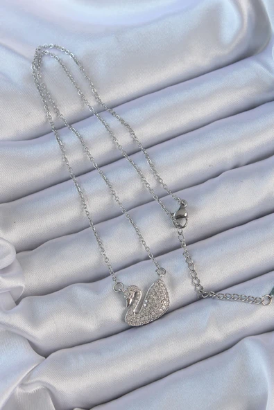 316L Çelik Zincir Gümüş Renk Zirkon Taşlı Kuğu Kolye - TJ-BKO9150 - Resim 2