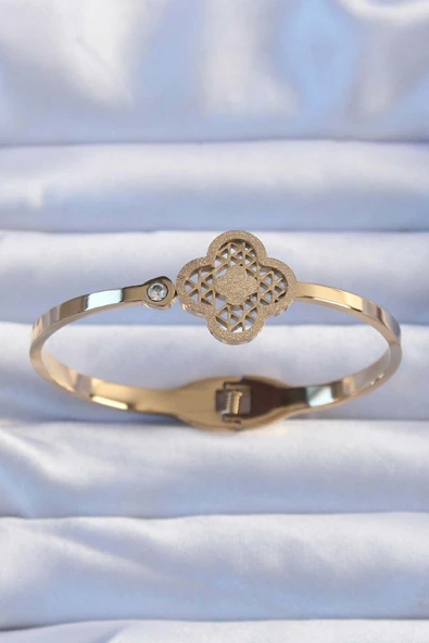 316L Çelik Altın Renk Zirkon Taşlı Simli Yonca Kelepçe - TJ-BB6377 ürün görseli