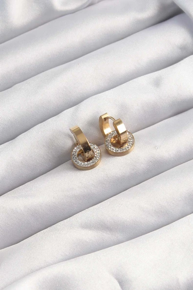 316L Çelik Altın Renk Zirkon Taşlı Halka Model Küpe - TJ-BKP9499 - Resim 2