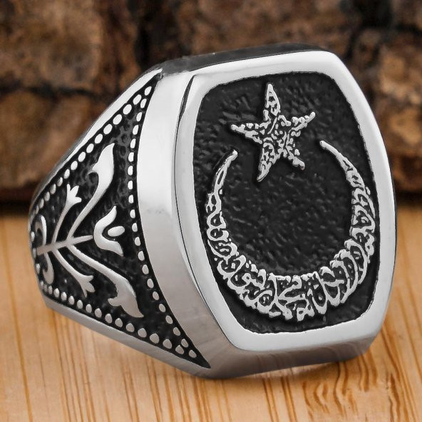 Ay Yıldız Tasarımlı Lale Motifli 925 Ayar Gümüş Yüzük ürün görseli 1