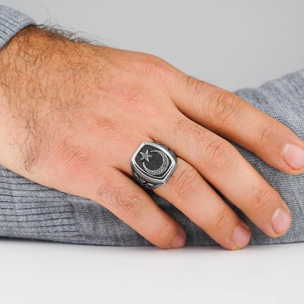 Ay Yıldız Tasarımlı Lale Motifli 925 Ayar Gümüş Yüzük - Resim 2