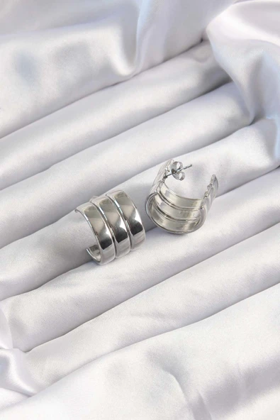 316L Çelik Gümüş Renk 3lü Görünüm Bombe Model Yarım Halka Küpe - TJ-BKP9490 - Resim 2