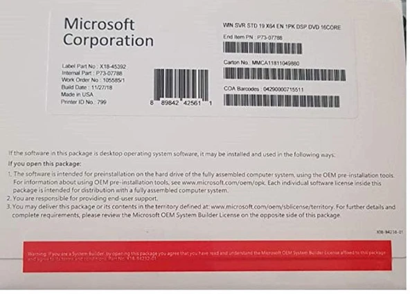Microsoft Windows Server Standart 2019 English 16 Core - 1