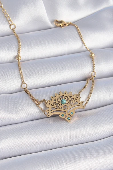 316L Çelik Gold Renk Mavi Taşlı Etnik Desen Kadın Bileklik - TJ-BB6437 ürün görseli