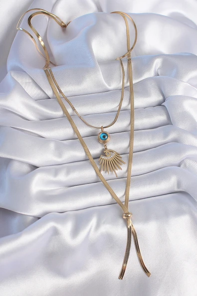 316L Çelik Gold Renk 2'li Zincir İtalyan Zincir Göz Model Zirkon Taşlı Kadın Kolye - TJ-BKO9384 - Resim 2