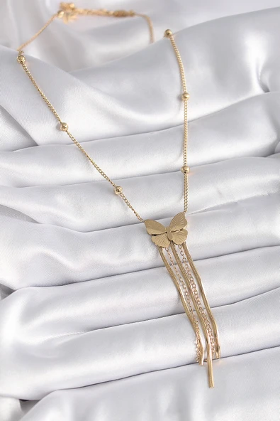 316L Çelik Gold Renk Kelebek Figür Sallantı İtalyan Zincirli Kadın Kolye - TJ-BKO9406 - Resim 2