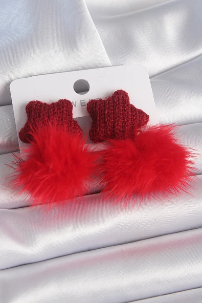 Kırmızı Renk Tüylü Yıldız Ponpon Model Kadın Küpe - TJ-BKP9556 ürün görseli