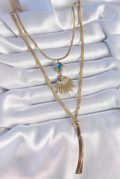 316L Çelik Gold Renk 2'li Zincir İtalyan Zincir Göz Model Zirkon Taşlı Kadın Kolye - TJ-BKO9384 ürün görseli