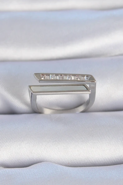 Pirinç Gümüş Renk Zirkon Taşlı Beyaz Sedef Detay Kadın Yüzük - TJ-BYK3349 ürün görseli