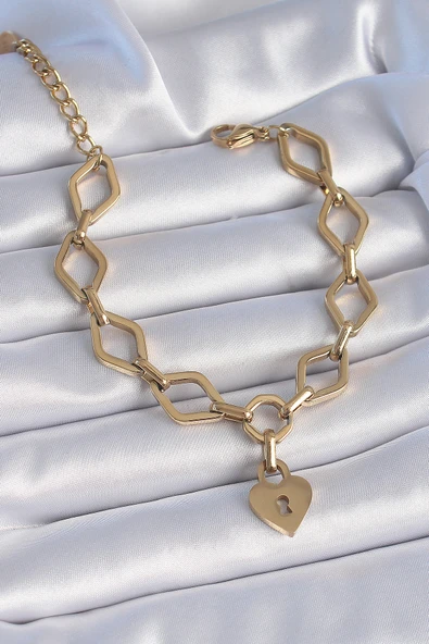 316L Çelik Gold Renk Zincir Model Kilit Kalp Figür Kadın Bileklik - TJ-BB6434 ürün görseli