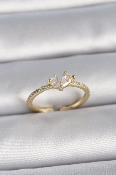 Pirinç Gold Renk Ayarlanabilir Zirkon Taşlı Kalp Model Kadın Yüzük - TJ-BYK3406 ürün görseli