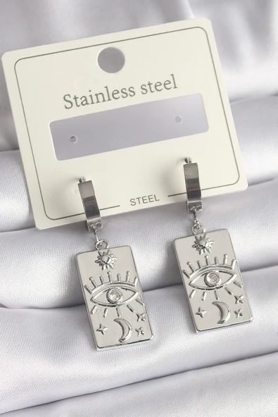 316L Çelik Gümüş Renk Zirkon Taşlı Göz İşleme Detaylı Plaka Model Kadın Küpe - TJ-BKP9699 ürün görseli