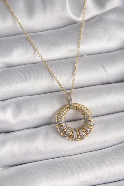 316L Çelik Gold Renk Zincir Gümüş Zirkon Taşlı Daire Model Kadın Kolye - TJ-BKO9481 ürün görseli