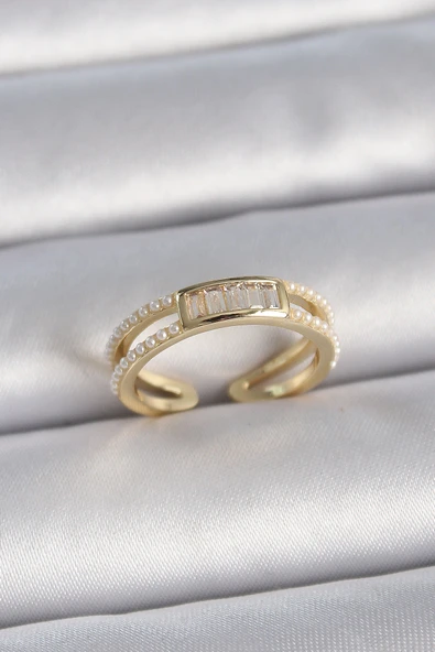 Pirinç Gold Renk Ayarlanabilir Sıralı İncili Zirkon Taş Detaylı Kadın Yüzük - TJ-BYK3380 ürün görseli