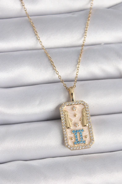 316L Çelik Gold Renk Zincir İkizler Burcu Zirkon Taşlı Kadın Kolye - TJ-BKO9468 ürün görseli