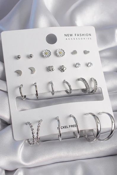 Pirinç Gümüş Renk Zirkon Taş Detaylı 12 Çift Kadın Küpe Seti - TJ-BKP9690 ürün görseli