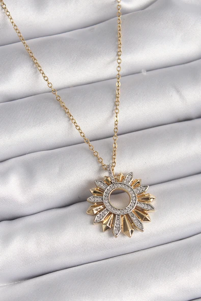 316L Çelik Gold Renk Zincir Zirkon Taşlı Mix Renk Güneş Model Kadın Kolye - TJ-BKO9477 ürün görseli