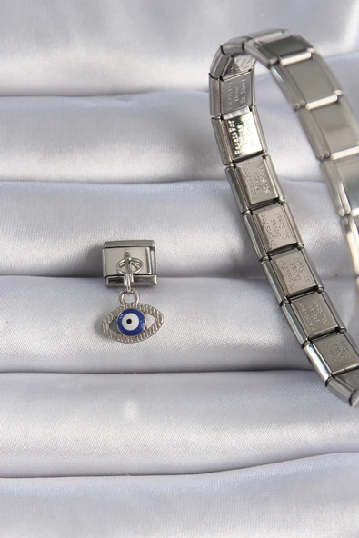 316L Çelik Gümüş Renk Sallantılı Göz Figür Nazar Boncuk Detay Nomination Charm - TJ-BC1044 - Resim 2