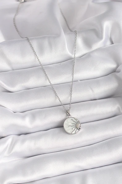 316L Çelik Gümüş Renk Zincir Beyaz Sedefli Gün Batımı Model Kadın Kolye - TJ-BKO9483 - Resim 2