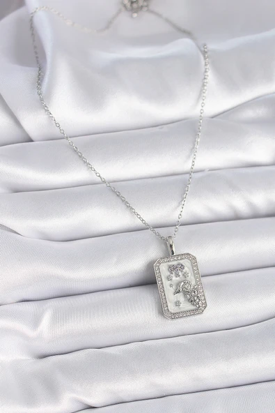 316L Çelik Gümüş Renk Zincir Koç Burcu Zirkon Taşlı Kadın Kolye - TJ-BKO9452 - Resim 2