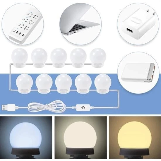 BUFFER® Nostalji Hollywood Tarzı 10lu Makyaj Masası Aynası Beyaz Led Işıklı Lamba USB - Resim 5