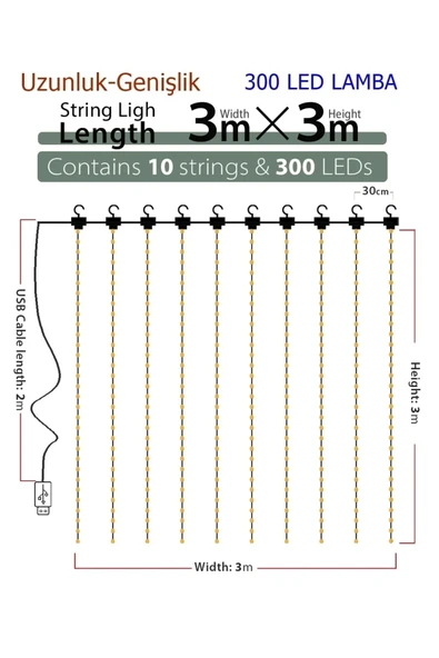 8 Fonksiyonlu Peri Perde Led Uzaktan Kumandalı Günışığı Perde Peri Led (3 mt x 3 mt) - Resim 3