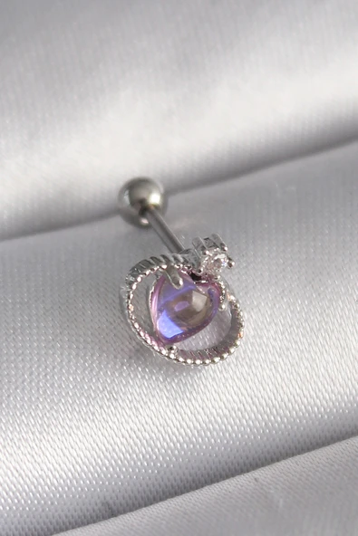 316L Çelik Gümüş Renk Mor Mineli Kalp Zirkon Taş Detay Tragus Piercing - TJ-PR1273 ürün görseli