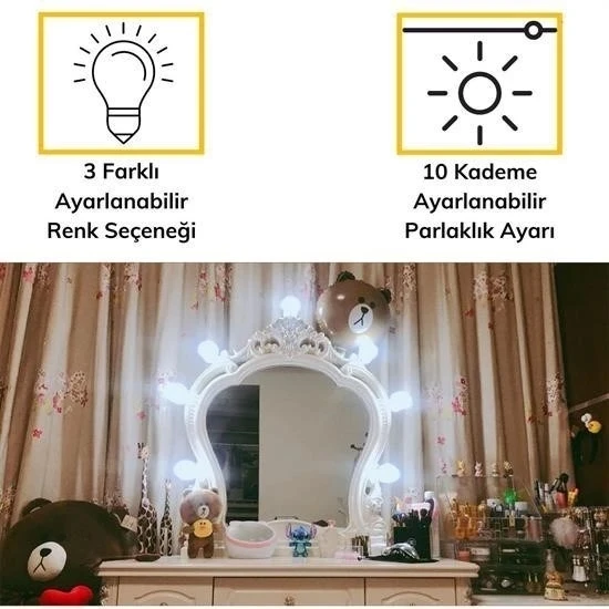BUFFER® Nostalji Hollywood Tarzı 10lu Makyaj Masası Aynası Beyaz Led Işıklı Lamba USB - Resim 3